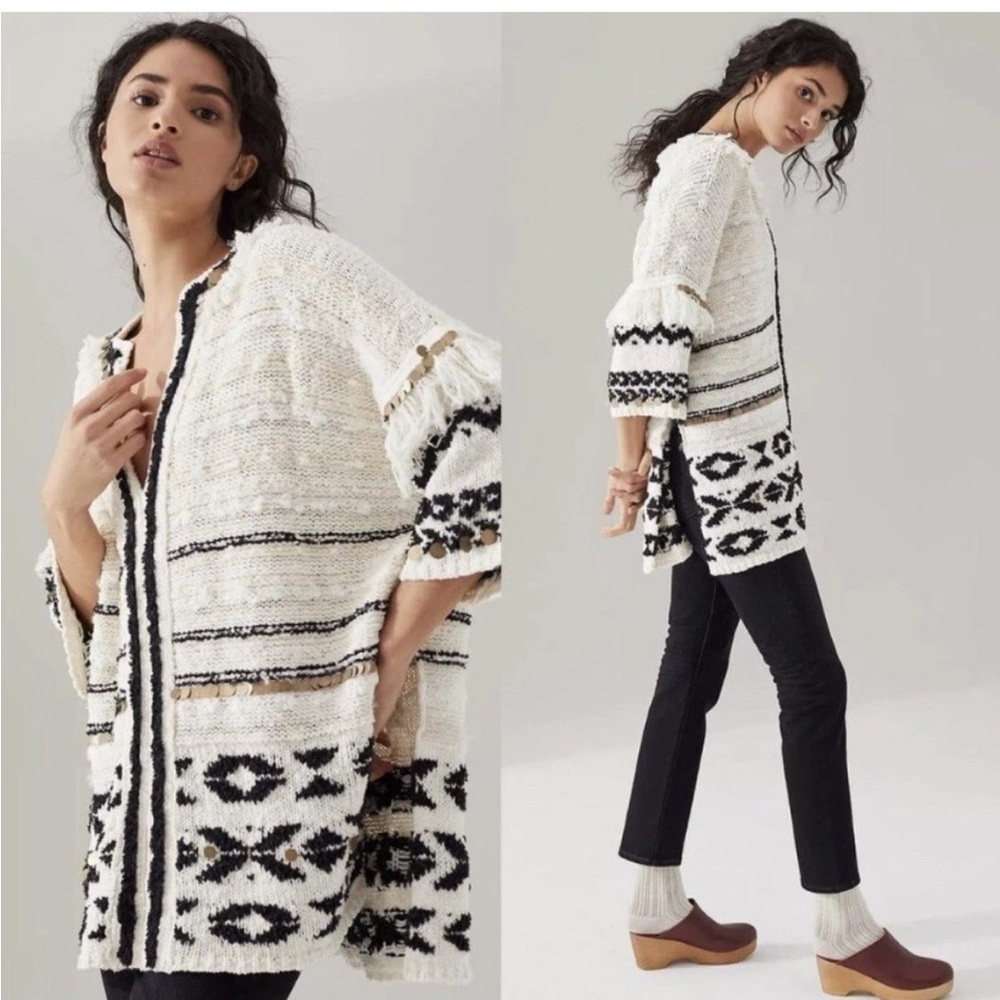 Anthropologie Margo Open Cardigan Poncho Fringe Textured Sweater Ivory Black